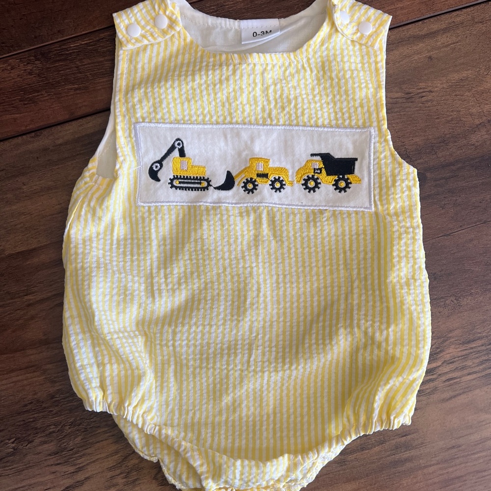 Yellow Striped Baby Romper with Construction Appliqué